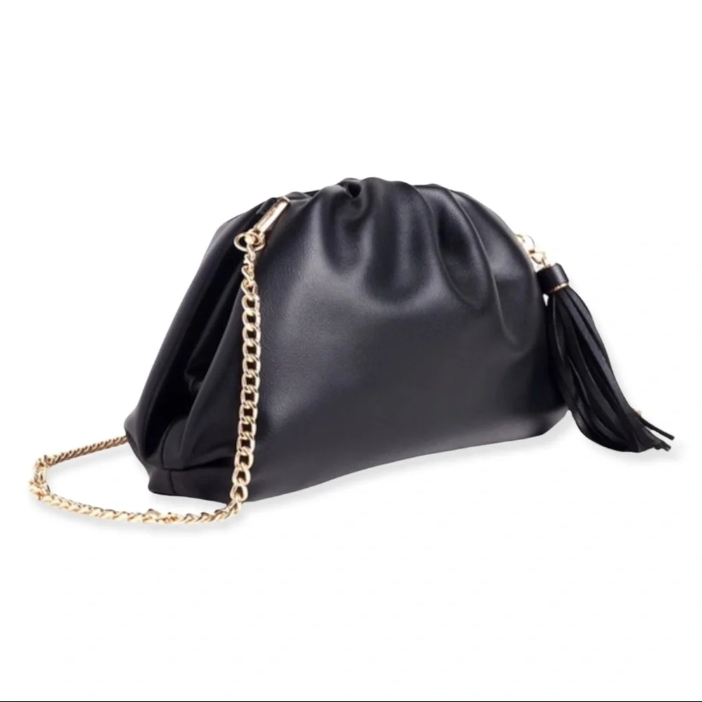 NEW Understated Leather Clutch with Removable Crossbody Chain & Tassel - Picture 2 of 7